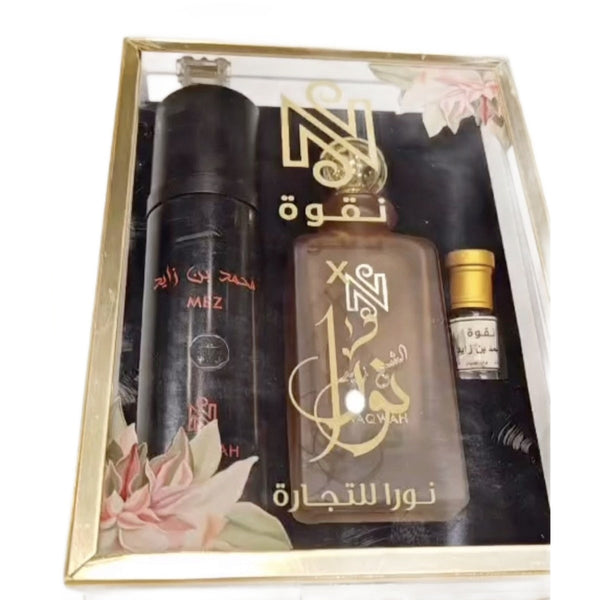 طقم للهدايا مكون من عطر و مرش للجسم والشعر و عطر زيتي ينفع للرجال والنساء